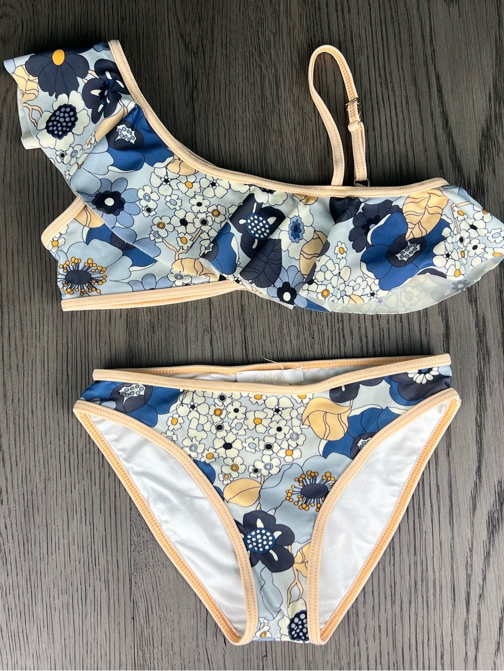 Chloe Blue and Peach Floral Ruffle Bikini Set, Size 10